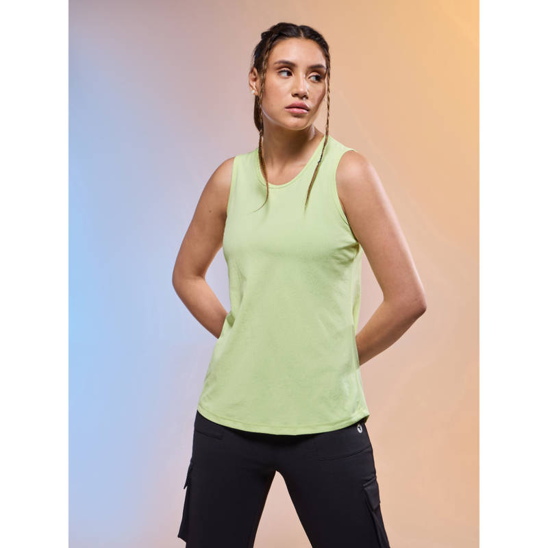 Technosport Women Green Solid Slim Fit Round Neck Tank Top with Cotflex (XL)
