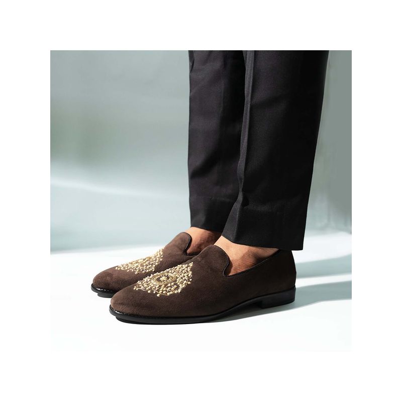 Monkstory Maharaja Zardosi Embroidered Slip-Ons Loafers - Brown (UK 11)