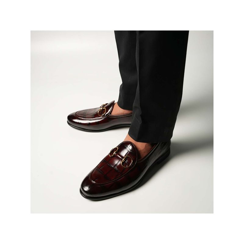Monkstory Horsebit Smart Croc-Effect Slip-Ons Loafers - Burgundy (UK 6)