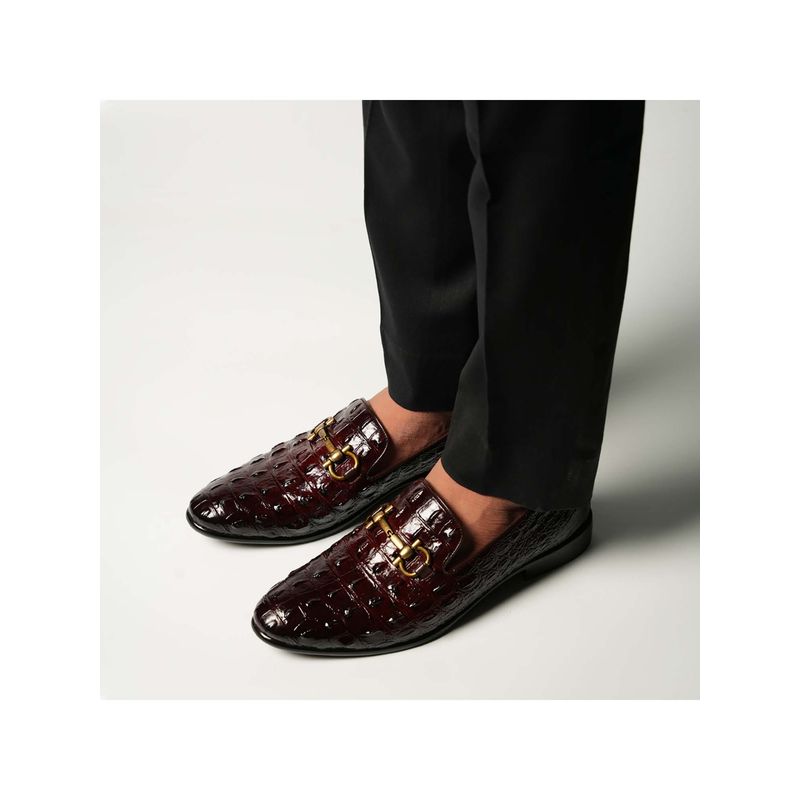 Monkstory Horsebit Exotic Scale Textured Slip-Ons Loafers - Burgundy (UK 8)