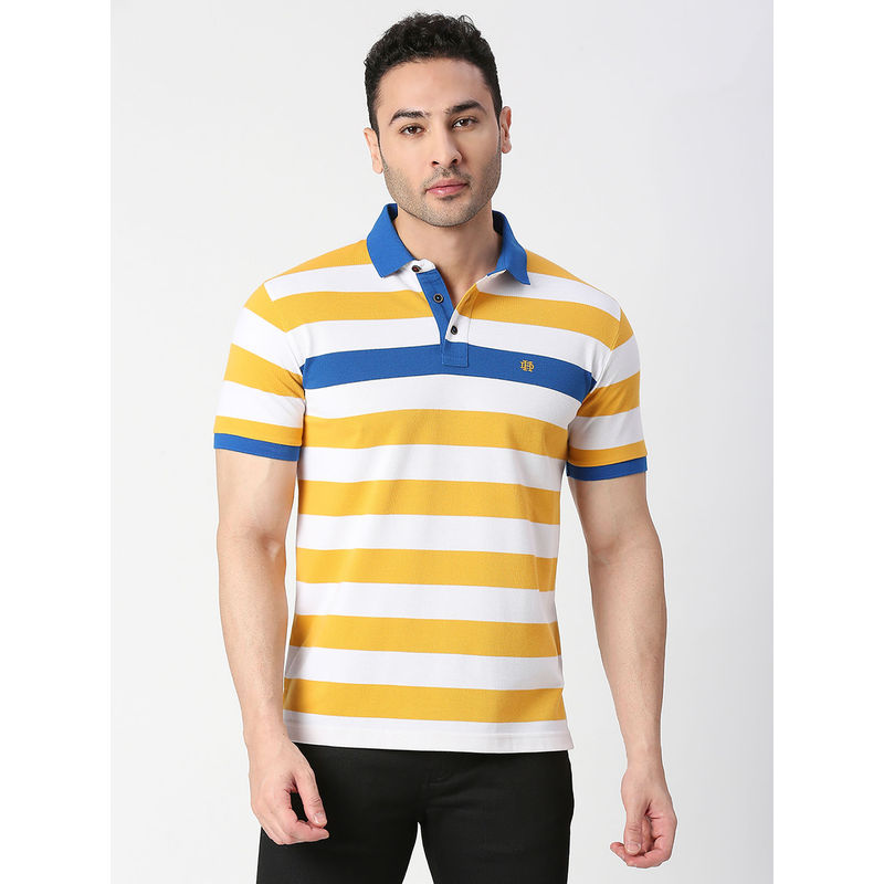 Dragon Hill Half Sleeves Yellow Pique Striped Polo T-Shirt with Contrast Collar (XL)