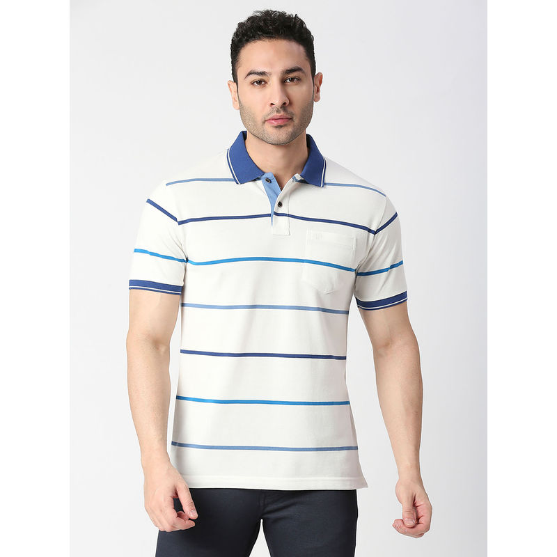 Dragon Hill Half Sleeves White Pique Striped Polo T-Shirt with Pocket (XL)