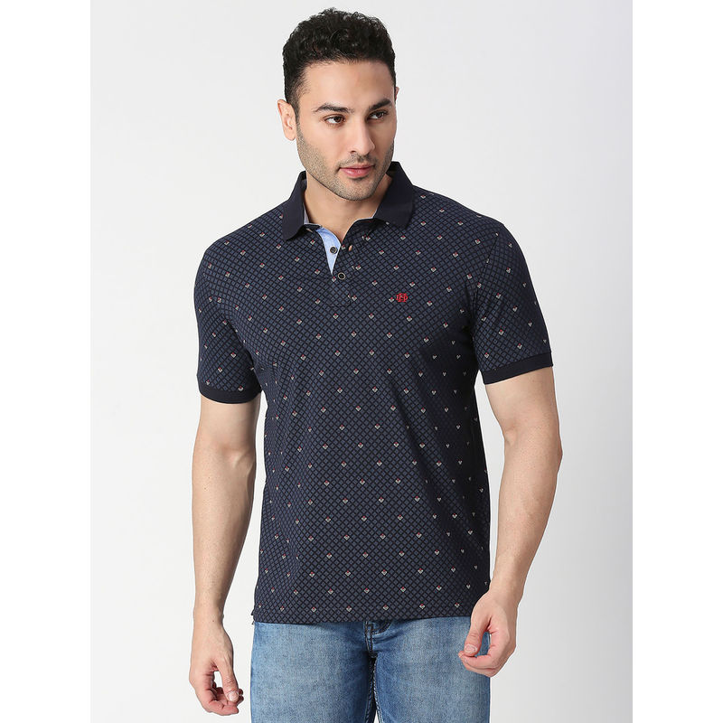 Dragon Hill Half Sleeves Navy Blue Cotton Jersey Lycra Printed Polo T-Shirt (XL)
