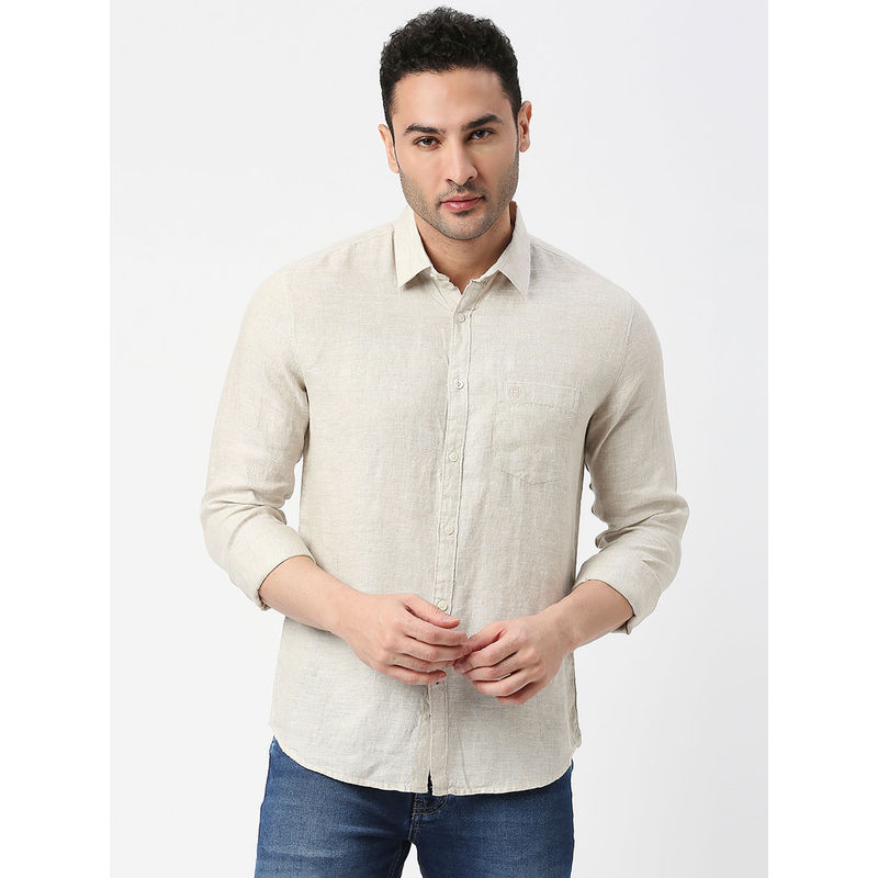 Dragon Hill Beige Pure Linen Shirt with Pocket (L)