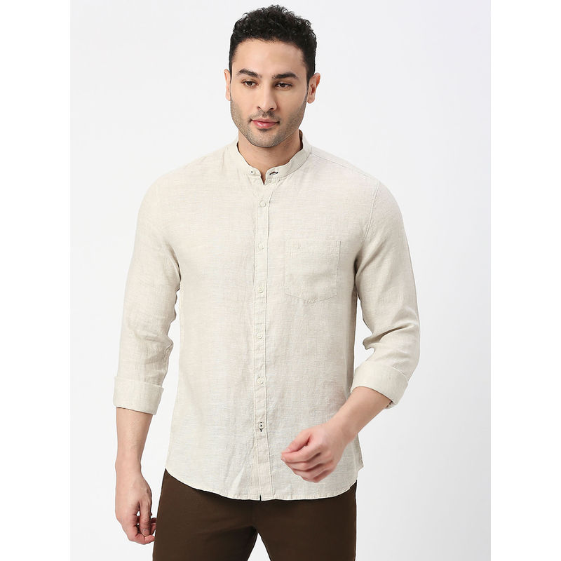 Dragon Hill Beige Pure Linen Shirt with Mandarin Collar (M)