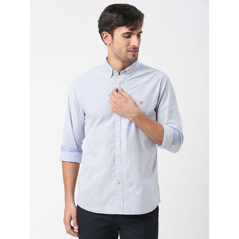 Dragon Hill Sky Blue Oxford Vertical Striped Shirt with Button Down Collar (M)
