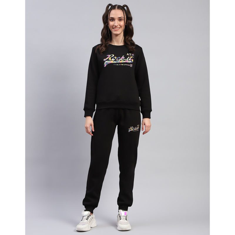 Rock.it Womens Typography Black Round Neck Full Sleeve Tracksuit (Set of 2) (2XL)