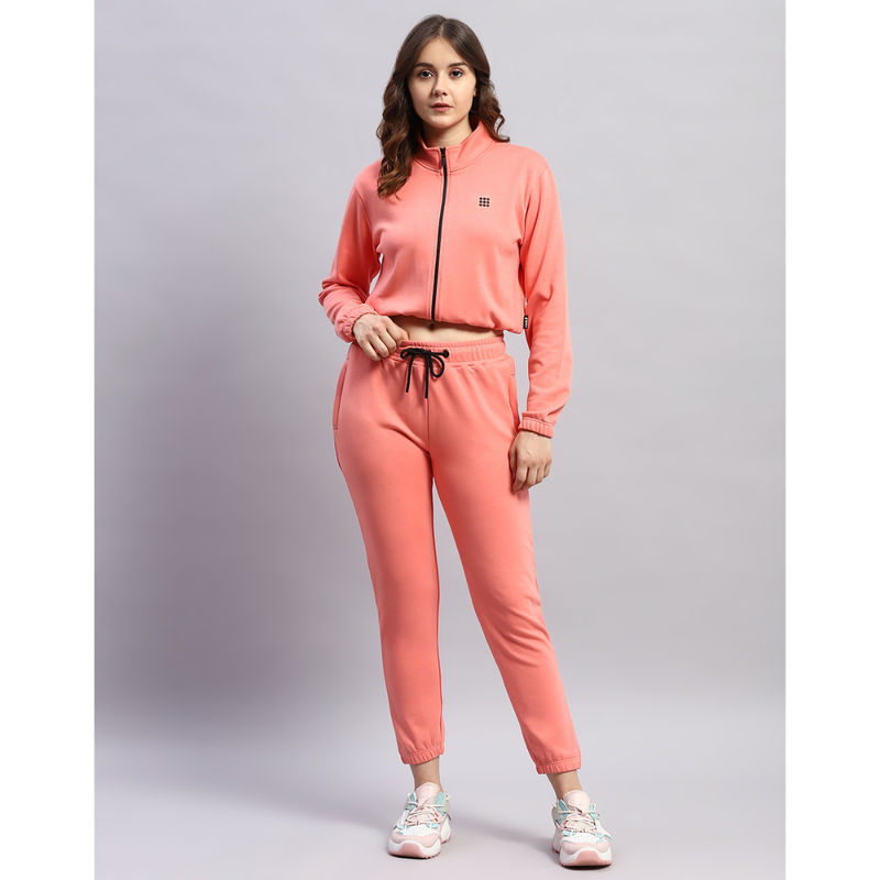Rock.it Womens Peach Solid Mock Neck Full Sleeve Tracksuit (Set of 2) (XL)