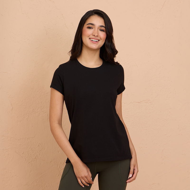 Nykd By Nykaa Super Comfy Cotton Stretch Classic Solid T-Shirt-Nyle216-Black (M)