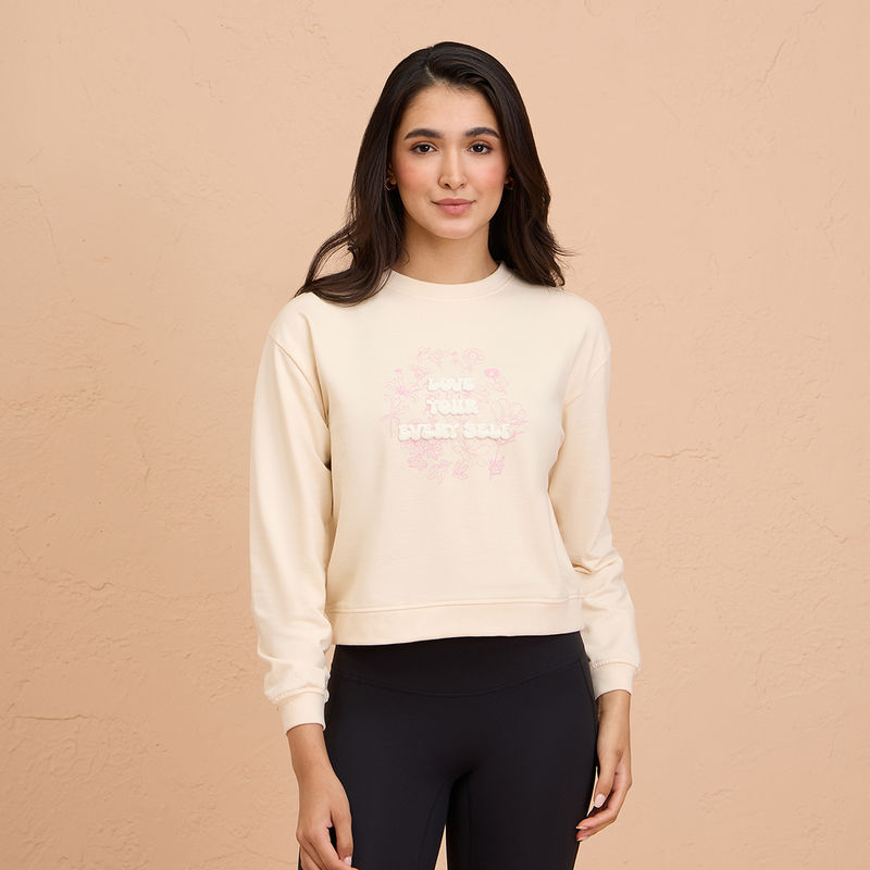 Nykd by Nykaa Cotton Terry Full Sleeve Round Neck Cozy Cropped Sweatshirt-NYLE705-Off White (M)