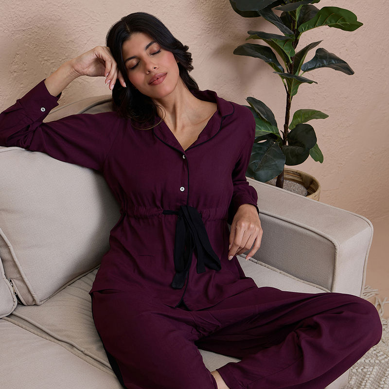 Nykd By Nykaa Comfy Rayon Pajama Set with Flattering Stylish Sleep Shirt -NYS904-Fig (L)