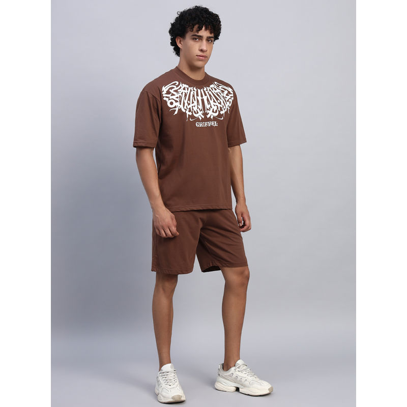Griffel Men Oversized Round Neck Brown T-Shirt (XS)