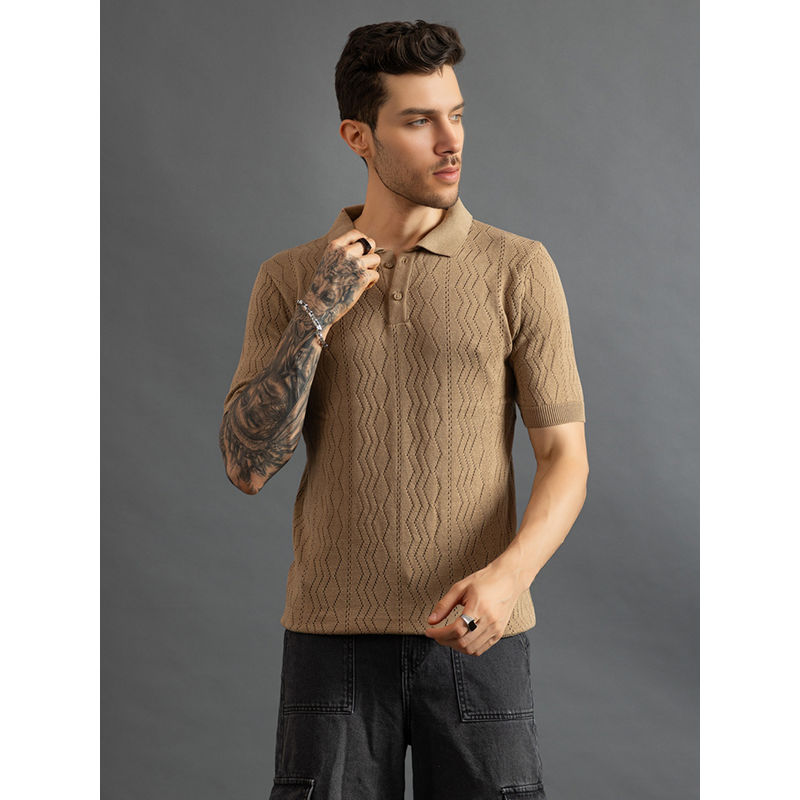CHKOKKO Men Camel Brown Pure Cotton Knitted Polo T-Shirt (M)
