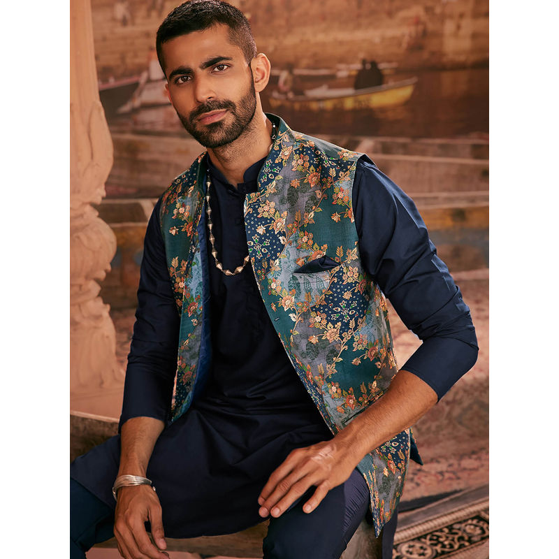 KISAH Men Blue Printed Silk Blend Kurta Jacket Trouser Set with Floral Design (42)