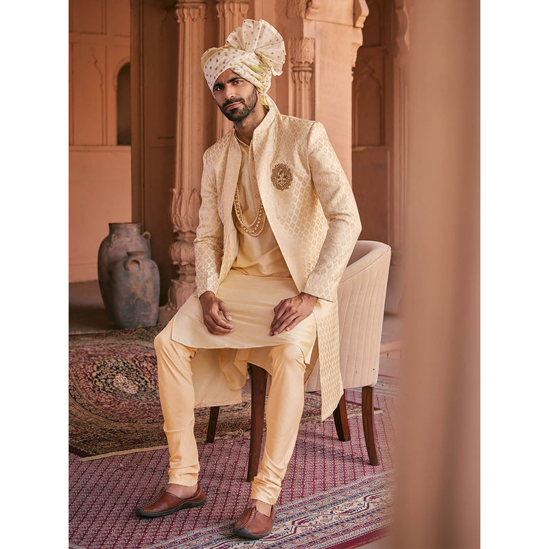 KISAH Men Gold Kurta with Sherwani and Churidar (Set of 3) (M)