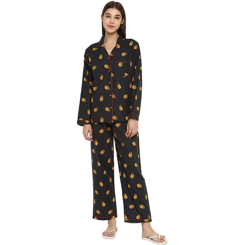 Shopbloom Grey Cotton-Flannel Print | Long Sleeve with Pajama Set | Women's Night Suit - Grey (XS)