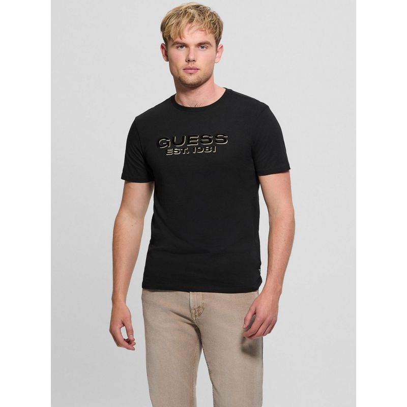 Guess Black Velvet Logo Pure Cotton Applique Round Neck T-Shirt (S)