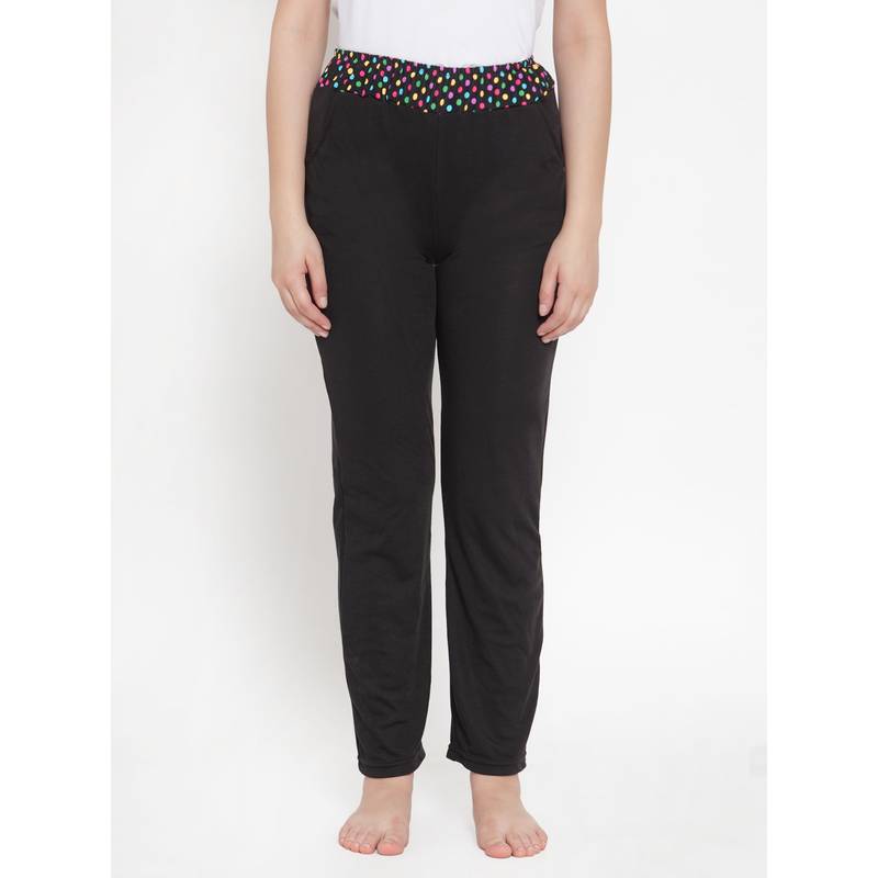 Cukoo Charcoal High Waist Daily Wear Pajama with Polka Dot Elastic Belt with Pockets - Black (S)