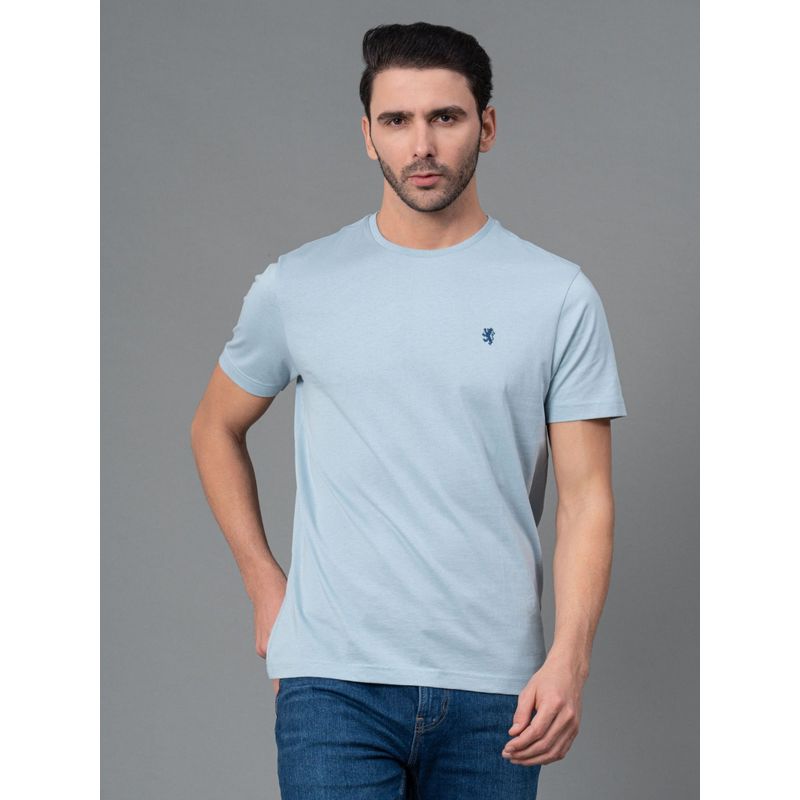 Red Tape Sky Blue Solid Cotton Round Neck Mens T-Shirt (M)