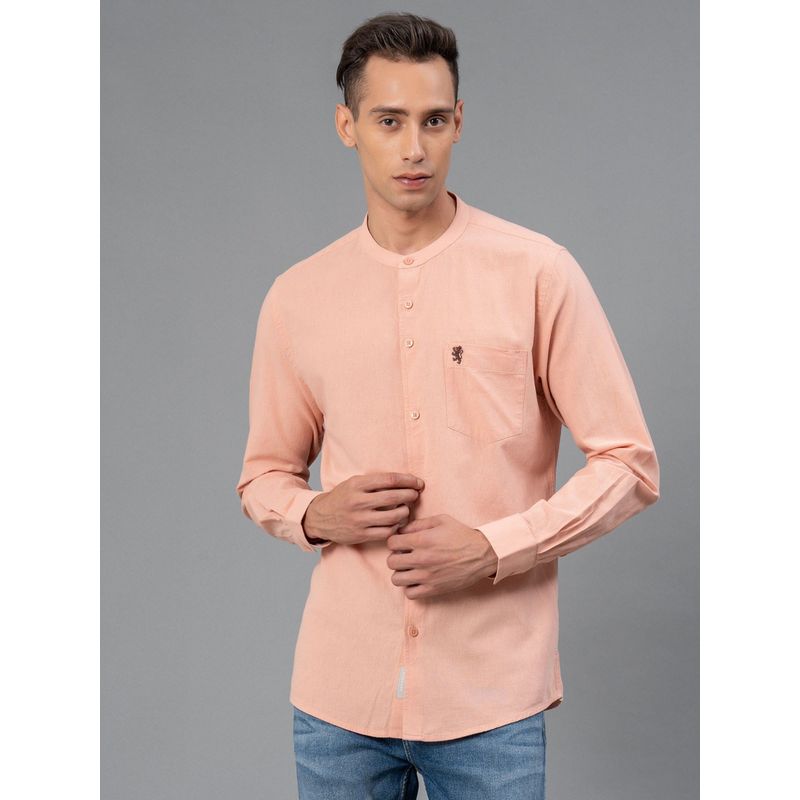 Red Tape Men's Peach Solid Cotton Linen Band Collar Shirt (L)