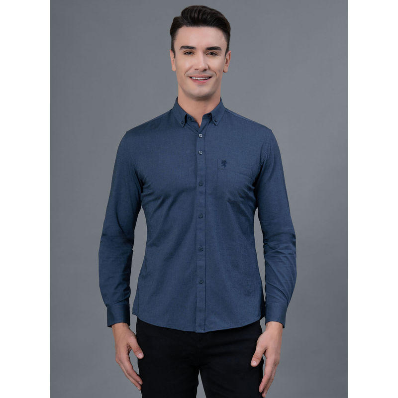 Red Tape Men Navy Blue Solid Oxford Cotton Spandex Shirt (L)