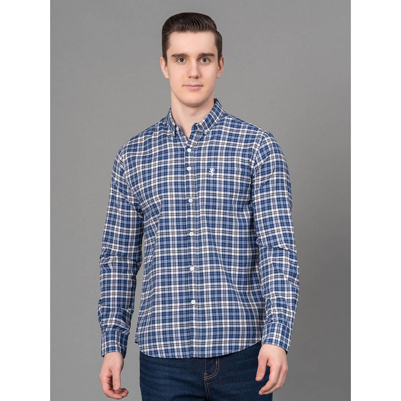 Red Tape Blue Checked Poly Cotton Mens Full Sleeve Shirt (XL)