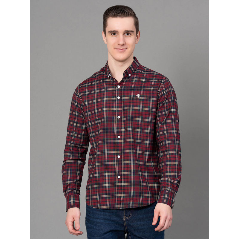 Red Tape Maroon Checked Poly Cotton Mens Full Sleeve Shirt (XL)