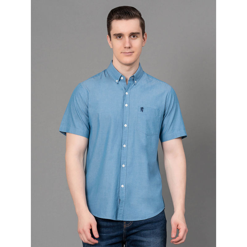 Red Tape Steel Blue Solid Cotton Chambray Mens Half Sleeve Shirt (S)