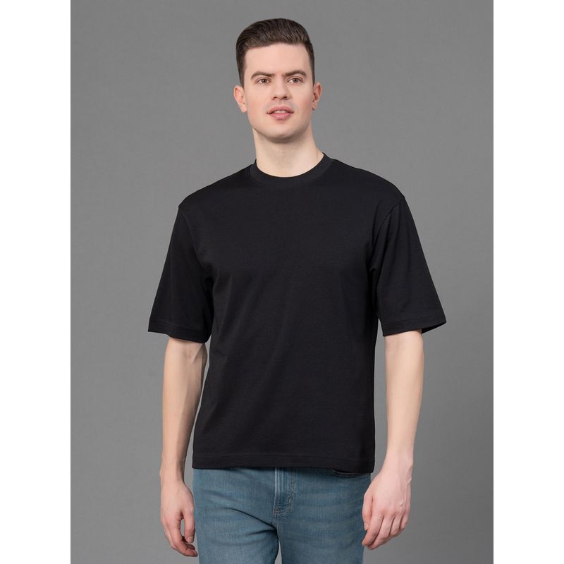 Red Tape Black Poly Cotton Solid Mens Oversized T-Shirt (2XL)