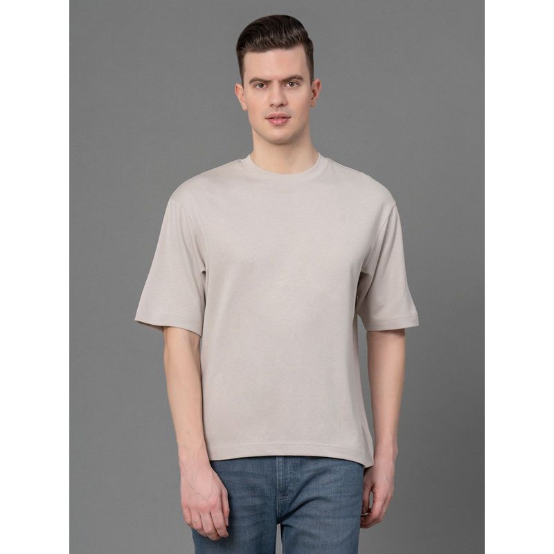 Red Tape Ivory Solid Poly Cotton Men's Oversized T-Shirt (2XL)