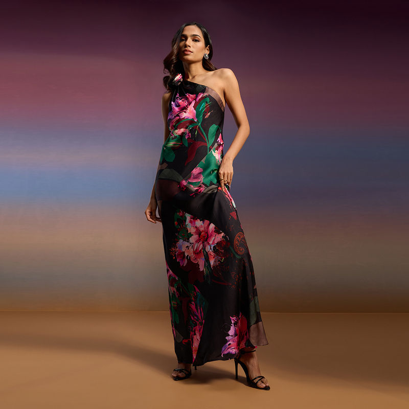 RSVP by Nykaa Fashion Black and Multi-Color Floral One Shoulder Straight Maxi Dress (XL)