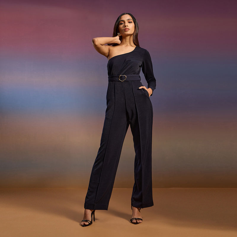 RSVP by Nykaa Fashion Navy Blue Solid One Shoulder Neck Pleated Straight Jumpsuit With Belt