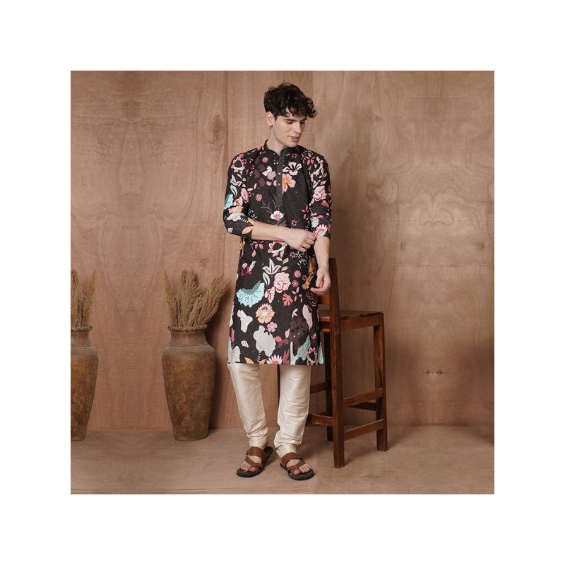 TRYBUY.IN Men Full Sleeves Black Chikankari Kurta with Pant (S)