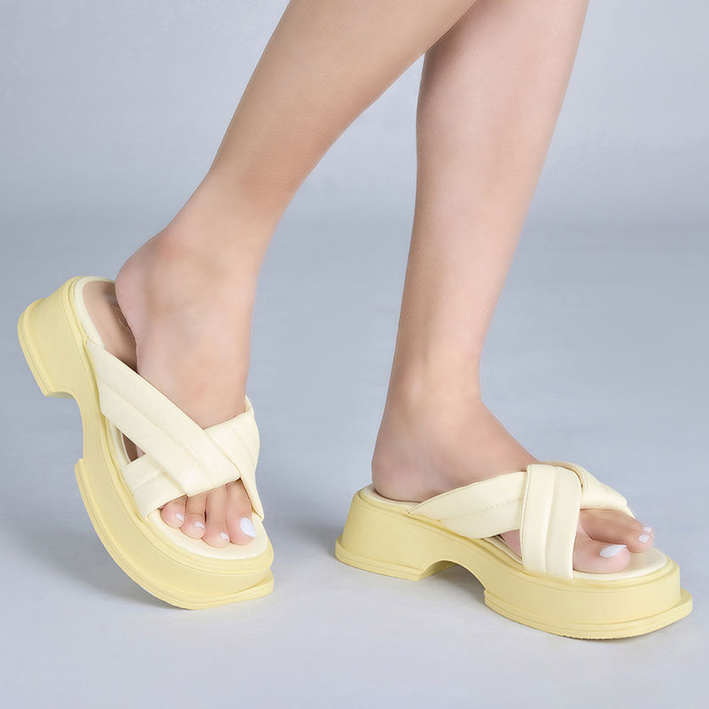 MIXT by Nykaa Fashion Lemon Yellow Square Toe Crisscross Slider Flatforms (EURO 37)