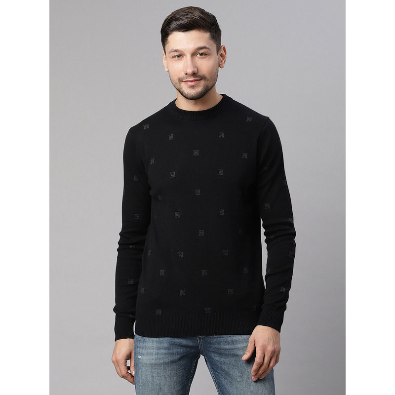 HARSAM Black Printed Round Neck Sweater (M)