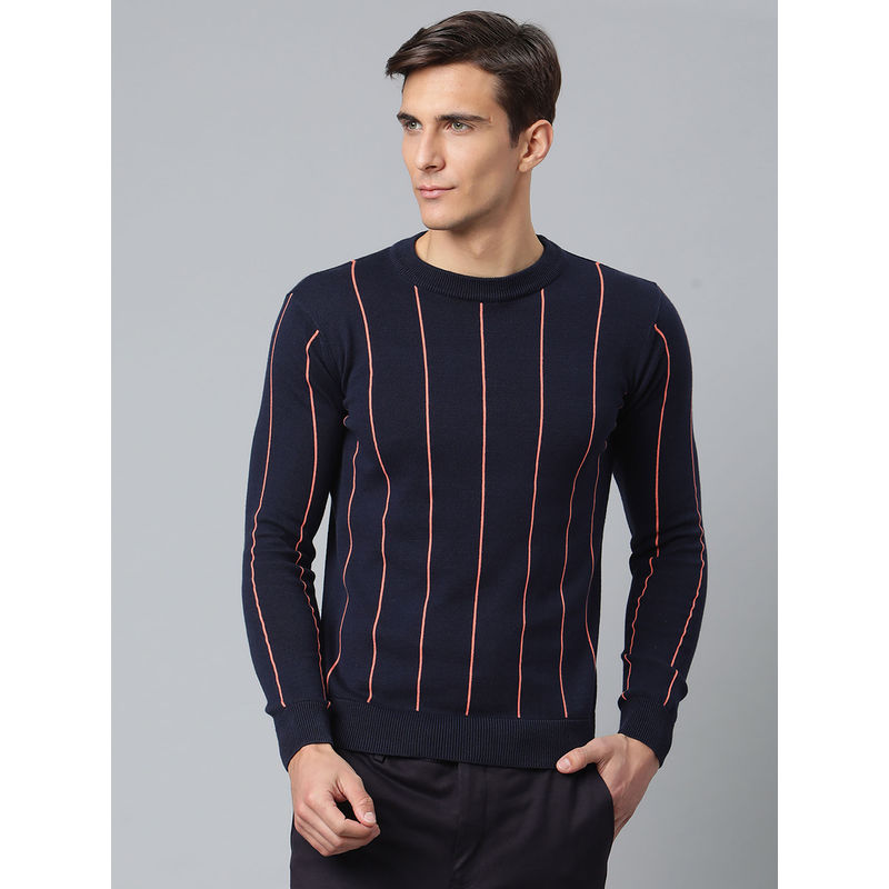 HARSAM Navy Stripes Round Neck Sweater (L)