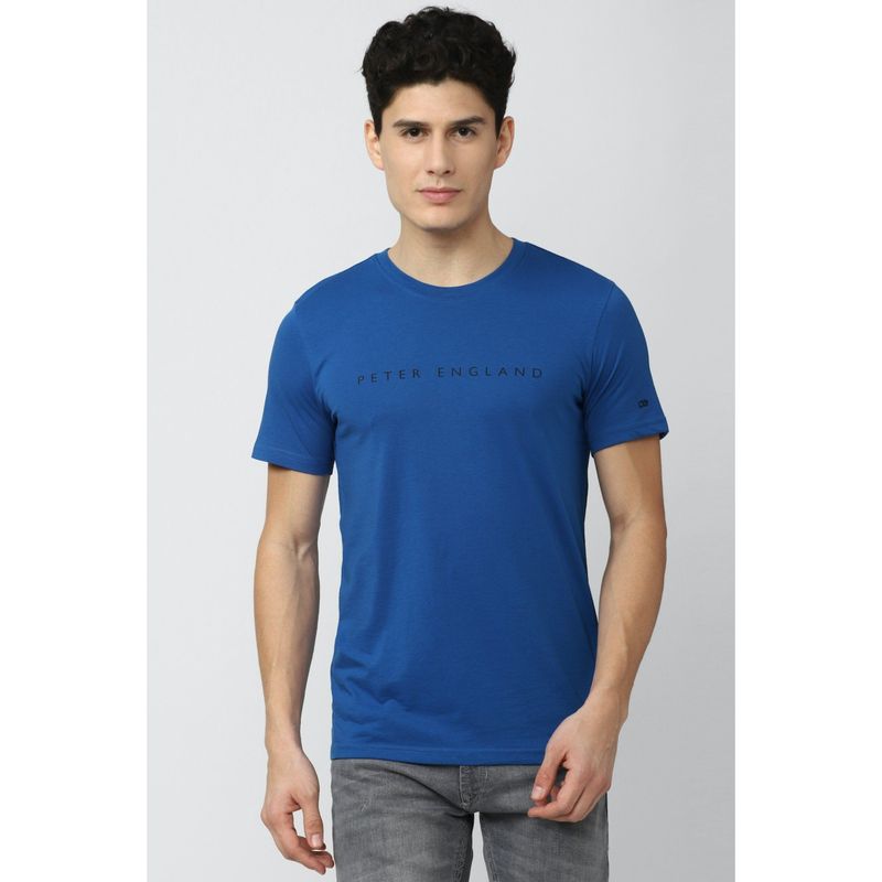 Peter England Men Blue Solid Round Neck T-Shirt (S)