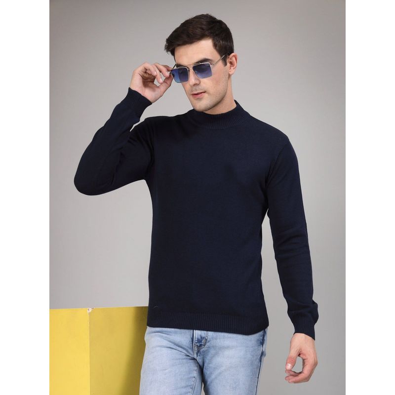 Style Quotient Men Solid Navy Knitted Regular Sweater (M)