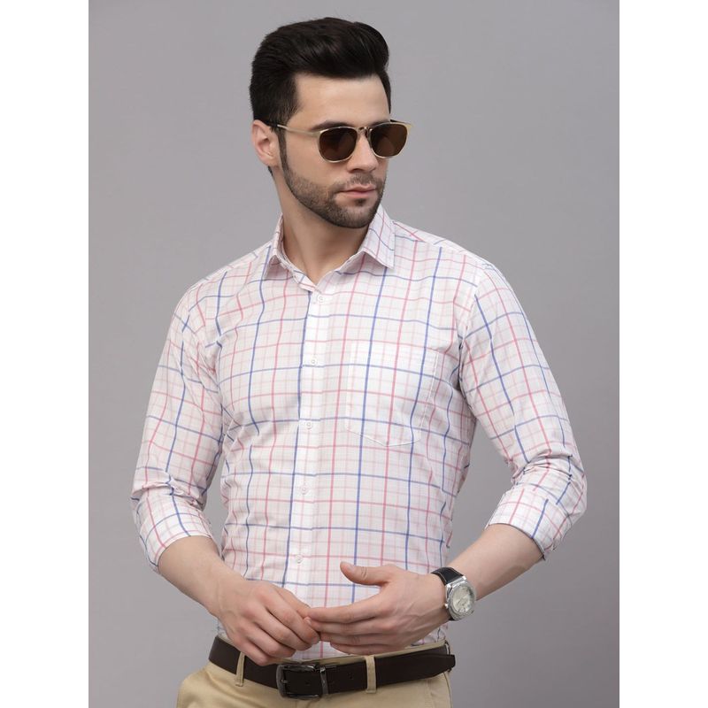 Style Quotient Men White & Peach Checks Yarn Dyed Polycotton Regular Formal Shirt (44)