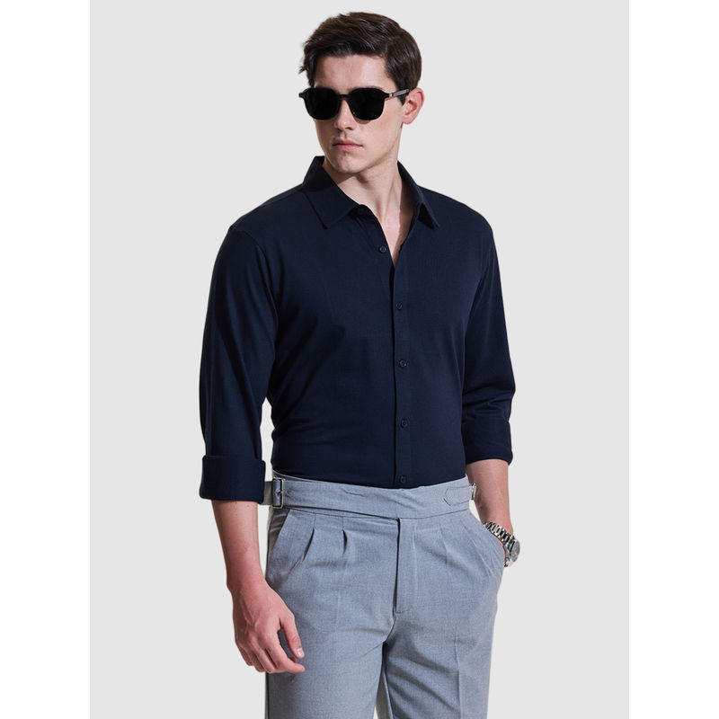 Snitch Men Navy Blue Solid Formal Shirt (L)