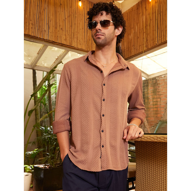 Campus Sutra Men Brown Textured Casual Shirt (S)