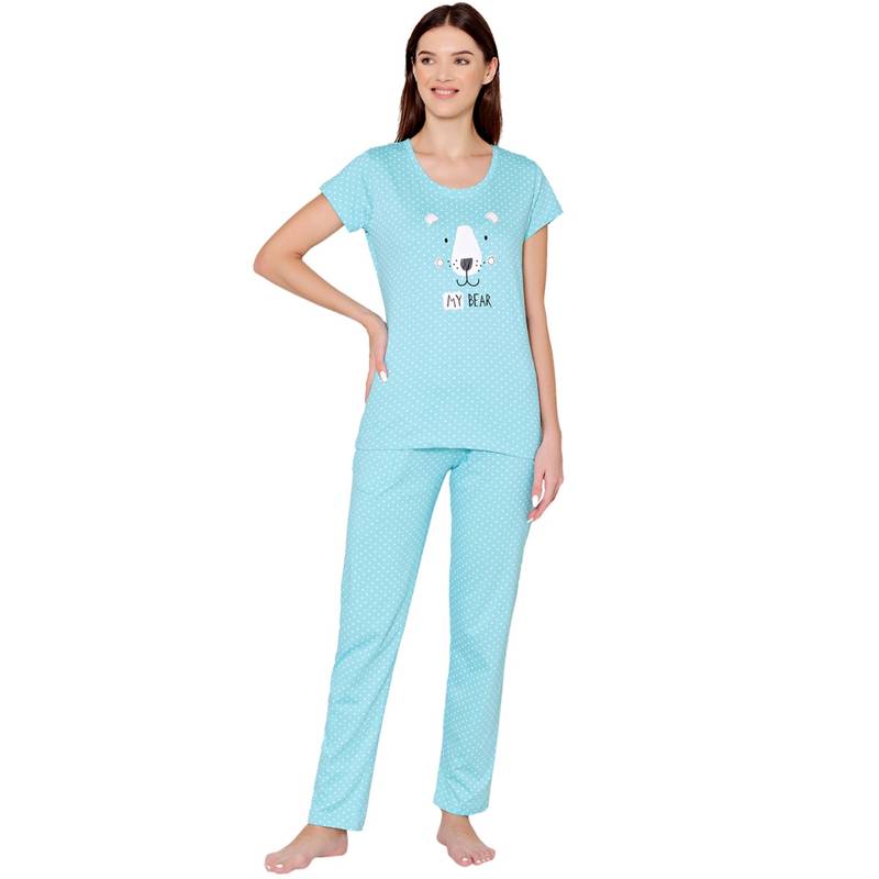 Bodycare Womens Combed Cotton Printed T-Shirt & Pyjama -BSLS12001 Blue (Set of 2) (M)