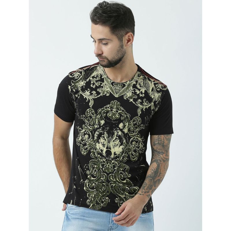 Huetrap Mens Printed Round Neck Black T-Shirt (M)