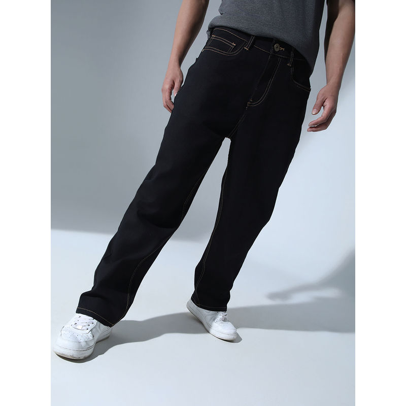 Hubberholme Men Cotton Relaxed Fit Mid-Rise Casual Black Jeans (32)