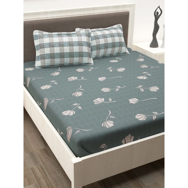 Story@Home 186 TC Floral Fitted Bedsheet with 2 Pillow Covers Grey (King)