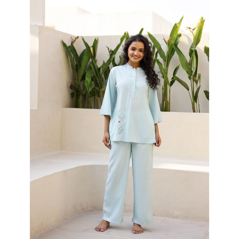 SAY Printed Mandarin Collar Night Suit (Set of 2) (S)