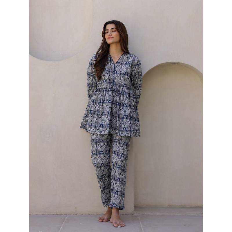 SANSKRUTIHOMES Ethnic Motifs Printed Pure Cotton Night Suit (Set of 2) (S)