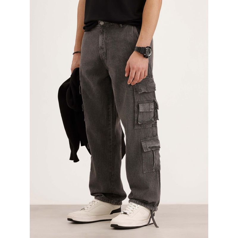WROGN Men Charcoal Loose Fit Cargo Pocket Denim Jeans (30)