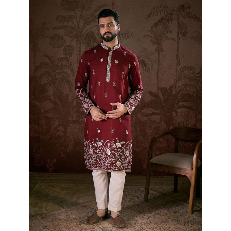 ETHNIC BAY Men Silk Blend Maroon Embroidered Kurta
