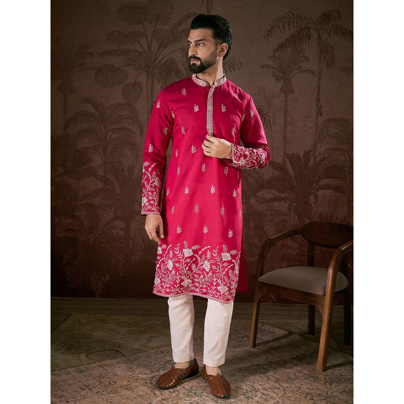 ETHNIC BAY Men Silk Blend Pink Embroidered Kurta with Pyjama